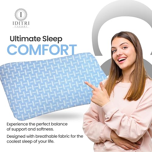 Image of Ergonomic Neck Support Pillow Set of 2, Contour Memory Foam Cervical Design, 55 x 38 x 10 cm, 220 GSM Jacquard Weave Cover, Sky Geometric Pattern, Support