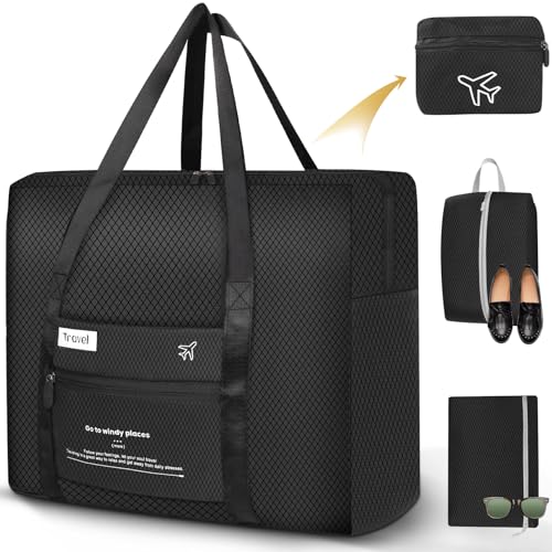 Aevcvok Faltbare Reisetasche, Handgepäck Tasche mit Schuhbeutel und Reißverschlusstasche, Tasche Handgepäck Flugzeug, Leichte Reisetasche für Reisen, Fitness, Camping (Schwarz)