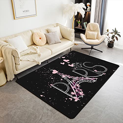Loussiesd Eiffel Tower Living Room Rugs Area Rug Cherry Blossoms Paris Indoor Floor Mat for Decor Paris Decor Accent Rug Set Women Men Valentines Non Slip Area Runner Rug 100 * 150cm