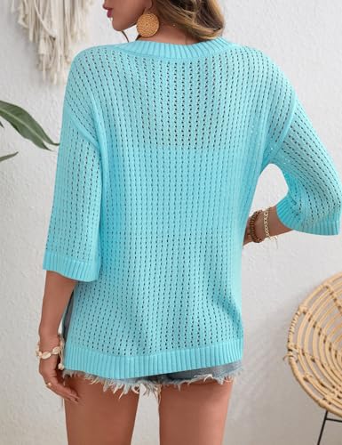 Image of Rapbin Women's Crochet V Neck Beach Cover Up 3 /4 Sleeve Hollow Out Knitted Pullover Sweater