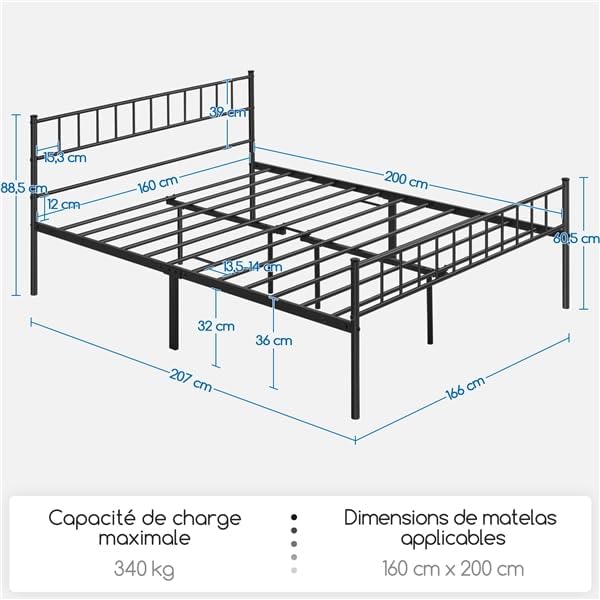 Detailed diagram of the Yaheetech bed frame with all dimensions labeled in centimeters