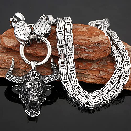 Collier Viking homme avec pendentif corne de taureau en acier et chaîne tête de serpent
