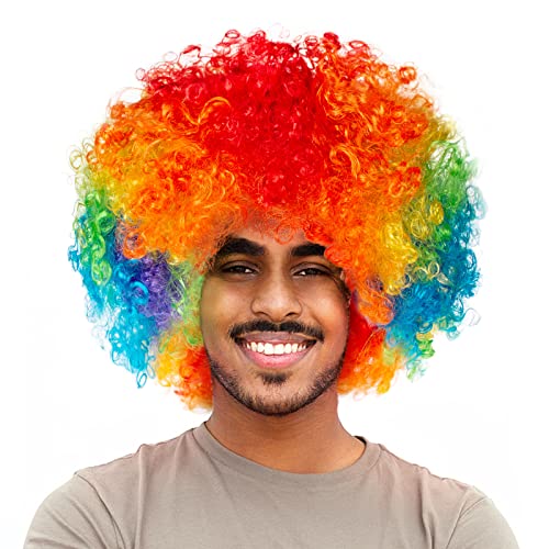 Joy Join Unisex Short Fluffy Afro Funny Wigs for Halloween Holiday Party Clown Costume (Rainbow)