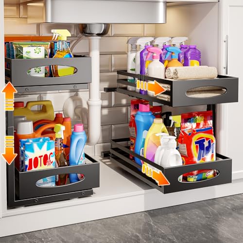 Image of mixeshop Under Sink Organizer, 2 Tier Under Sink Organizers and Storage, Adjustable Height, Slide out Metal Cabinet Organizers, Pull out Cabinet Storage Drawer Shelf for Kitchen Bathroom (Black, 2)