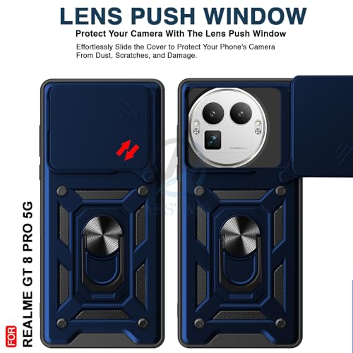 Image of AESTMO Tough Armor Realme GT 8 Pro 5G Bumper Back Case Cover | Ring Holder & Sliding Camera Shield Cover | 360 Degree Protection Back Case Cover for Realme GT 8 Pro 5G (Blue)