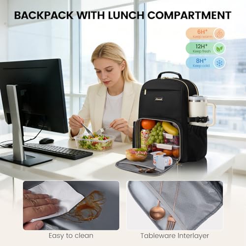 Image of LOVEVOOK Lunch Backpack with Lunch Compartment,17 Inch Laptop Work Travel Insulated Cooler Backpack Purse,Waterproof College Teacher Nurse Lunch Bag Box with Tumbler Holder,Gifts for Men Women,Black