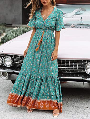 R.Vivimos Women's Summer Boho V Neck Button Up Short Sleeve Bohemian Print Ruffle Hem Beach Style Long Maxi Dress Vacation Dress