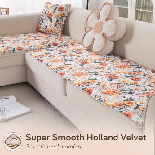 Image of HOKIPO 'Nature Muse' Premium HD Printed Holland Velvet L Shape (2+2 Seater) Sofa Cover Seat Mat, Marigold Bloom (IN-915-D7 + IN-916-D7)