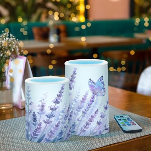 Image of Flickering Flameless Candles, Lavender Butterfly Purple LED Candles with Remote Timer, Set of 2 Battery Operated Candle for Valentine Wedding Birthday