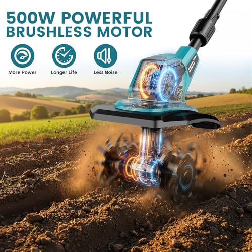 Cordless Tiller Cultivator, 360RPM Electric Garden Tiller, 2 * 3.0Ah 21V Batteries & Charger, Brushless Motor Battery Powered Garden Rototiller for Lawn/Gardening/Soil Cultivation - image 3