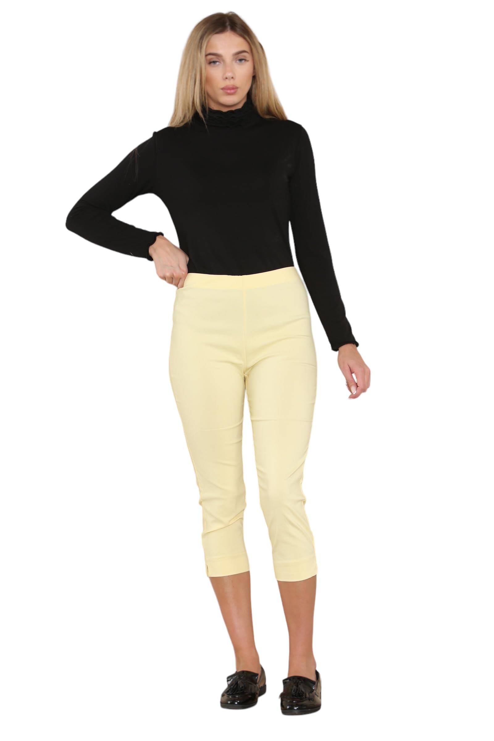 Wearall Women's Yellow Cropped Trousers For Uk Capri Trouser Summer Pants Short Crop Stretch 3/4 Length Three Quarter Pedal Pusher Clothes Elasticated Bengaline Cut Off 16