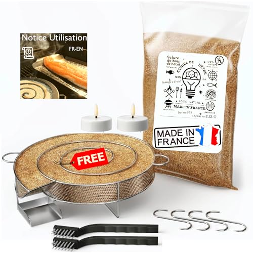 Beech Wood Sawdust 1,3 l (hergestellt in Frankreich) + 4 Haken + 2 Reinigungsbürsten gratis (Moker frei und inklusive) für Meat und Fisch, Handbuch in englischer Sprache