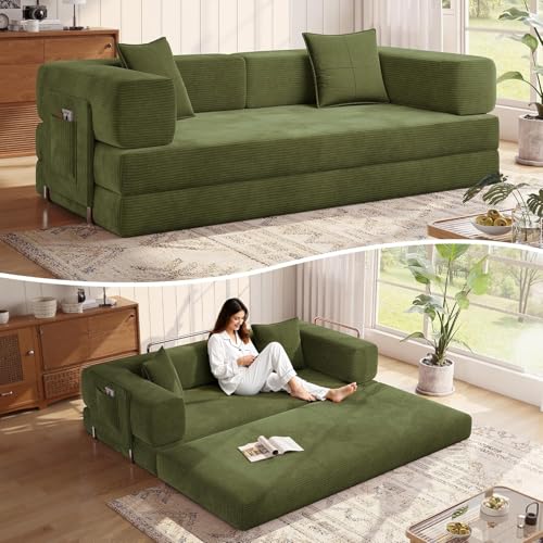 Convertible Folding Couch Bed Comfy Corduroy Sleeper Floor Sofa Bed with Fixed-Shape Frame Floor Sofa with Armrest Lounge Couch for Living Room Bedroom Lounge Studio (green 150CM)