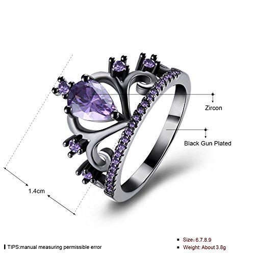 WANGYUSHENG Womens Black Gold Plated Purple Amethyst Cubic Zirconia CZ Princess Crown Tiara Ring Wedding Band3