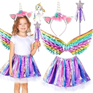 NLMWTI 4 Piezas Disfraz Unicornio Niña, Disfraz de Princesa Niña con Falda de Tutú, Diadema de Unicornio y Barra Luminosa, Unicornio Halloween Carnaval Fiesta Unicornio Vestido para Niñas
