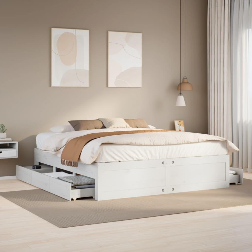 Furniture Item Home Bettgestell ohne Matratze mit Schubladen Weiß 180x200 cm Super King Massivholz Kiefer Möbel