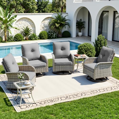 Image of 6-Piece Small Patio Furniture Set, Outdoor Swivel Rocking Chairs Set with Wicker Chairs and Tempered Glass Side Table, Outdoor Furniture Patio Bistro Set for Balcony, Deck, Porch