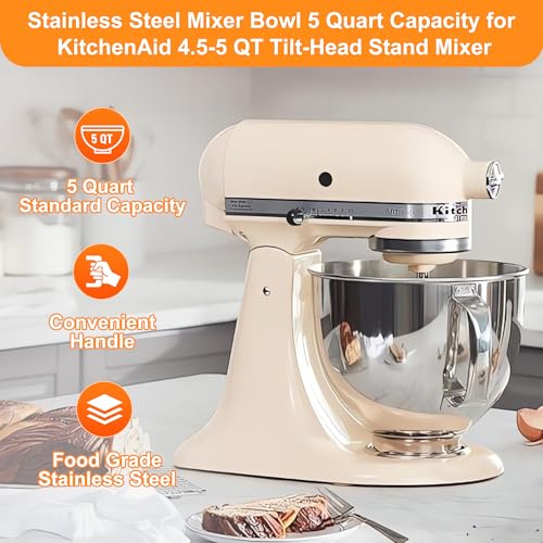 Image of 5 Quart Food Grade Stainless Steel Mixer Bowl, Compatible with KitchenAid 4.5 and 5 Qt Tilt-Head Stand Mixers, Suitable for K45SS, KSM75, KSM90, KSM100, Dishwasher Safe, Heavy Duty, No Residue