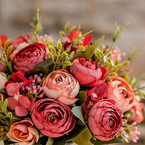 Kunstbloemen Nep Bloemen Zijde Roos Boeketten Decoratie met Keramiek Vaas voor Tafel Thuiskantoor Bruiloft (Red Bud) - Afbeelding 5