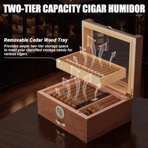 Image of Tesonway Cigar Humidor, Glass Top Cedar Cigar Box with Music System | Desktop Humidor with Wood Tray, Digital Hygrometer, Humidifier, Divider, Accessories Drawer, 2 Cigar Tubes & 3 Cigar Cutters