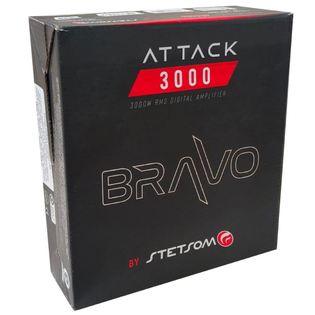 KIT SET PER STETSON BRAVO ATTACK 3000 amplificatore digitale, monofonico, 1 canale, full range, 3000 watt rms a 1 ohm, bass boost 0-12 dB, per auto, 1 pezzo