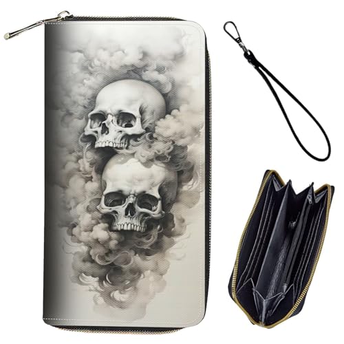 Bxgolkgd Womens Wallet, RFID Blocking Leather Wallet,Large Capacity Wallet Credit Card Holder PU Leather Ladies Clutch with Zipper Coin Pocket - Smoke Skull
