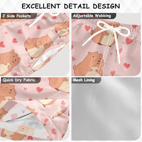 Pigsaly Boys Swim Trunks Lovely Capybara Hearts Pink Boys Board Shorts Swimsuit Swimwear Summer Bathing Suit S3
