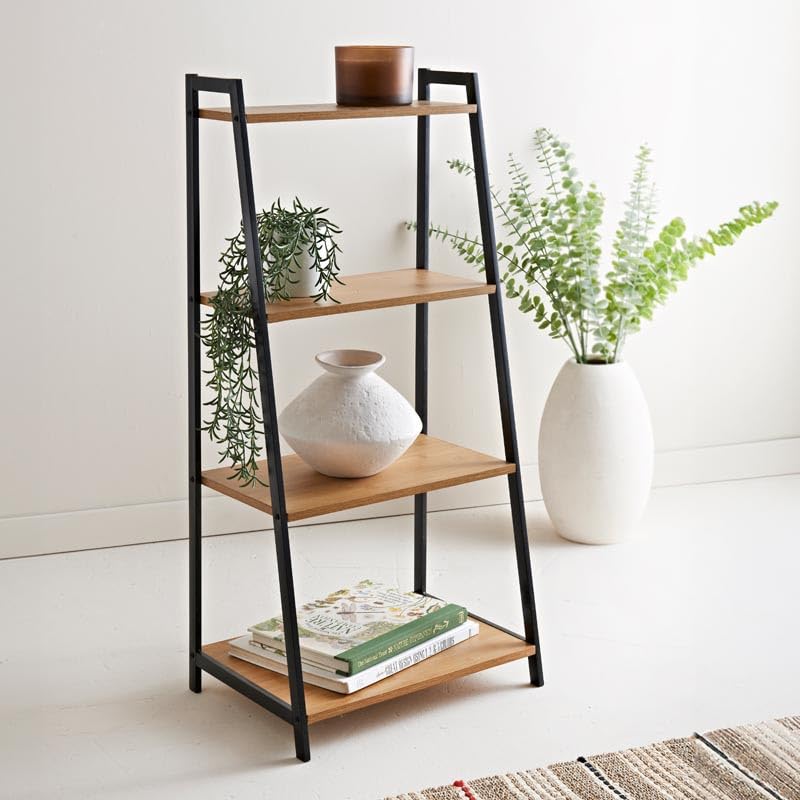 4 Tier Ladder Shelf Shelving Unit Narrow Bookcase Free Standing ShelvesOak Bookshelf Wooden Furniture Living room Bathroom Display Stand