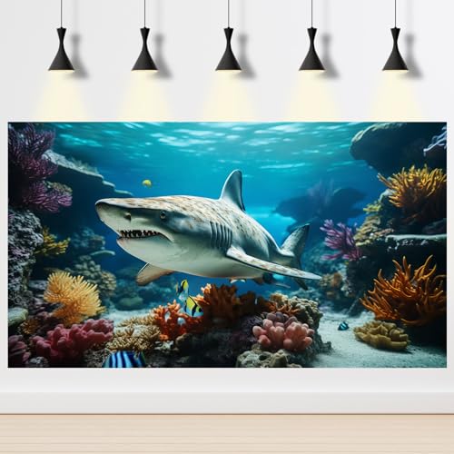 Image of Aquarium Background Marine Life Fish Shark Terrarium Backdrop Underwater World Coral Reef Rock Fish Tank Background Deep Sea Aquarium Wallpaper Poster Decor Vinyl 36x24in