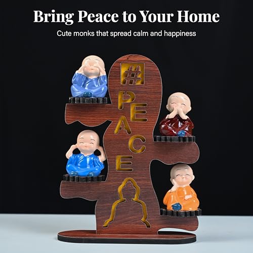 Image of ZAICUS Buddha Monk Showpiece for Home Office Decor Gift Item - 4 Baby Monk Figurines on Wooden Stand - Spiritual Statue for Decoration and Tabletop Display