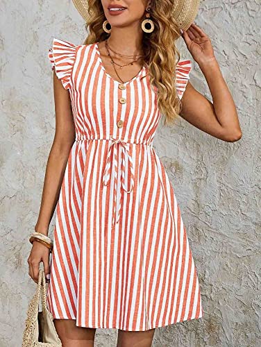 Image of Leriya Fashion Western Dress || Rayon Vertical Striped Printed Dress for Women || Flounce Cap Sleeve | V-Neck | Drawstring Waist Flared Dress || Summer Short Dresses for Women.