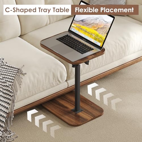 Image of Side Table Sofa Tv Tray Height Adjustable C Shaped End Table 360 Swivel Overbed Living Room Couch Table, Walnut