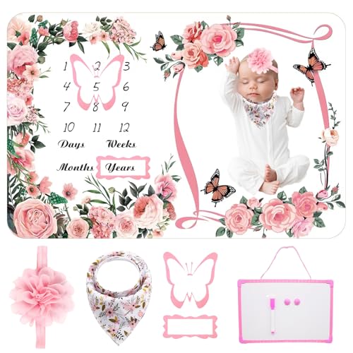 NCTDSUKAY Milestone Blanket for Baby Girl (Pink 60x40 Inches) with Photo Aid Frame Saliva Towel Erasable Writing Board Hair Band Documenting Growth