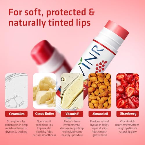 Image of VINR Tinted Lip Balm for Pigmented Lips SPF 50 PA+++ | Kojic Acid, Niacinamide & Ceramide Lip Care | Strawberry Lip Balm for Dry & Damaged Lips (5g Pack of 1)