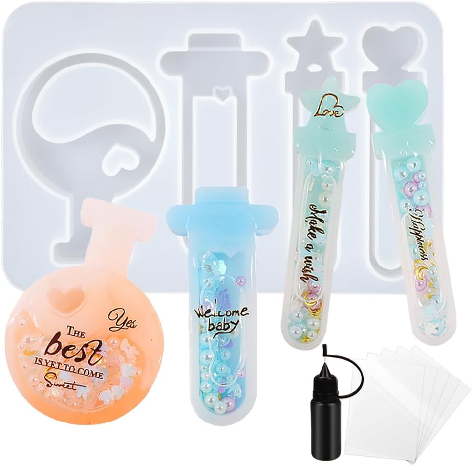 Resin Shaker Molds Set Magic Potions Keychain Charm Pack of 7 Silicone Trays Seal Films Precision Tip Applicator Bottle Kits Bundle