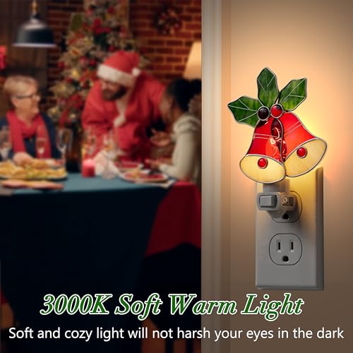 Image of Night Lights Plug into Wall Christmas Red Bell for Home Decor | Stained Glass Night Light Plug in,7W Warm Light,Switch-On /Off for Adult Kids Room Bathroom Gifts for Mom Grandkids Christmas