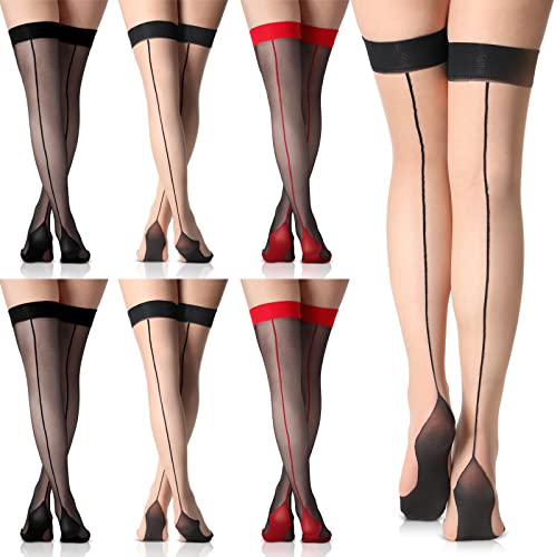 Sintege 6 Pairs Women Seamed Thigh High Stockings Cuban Heel Stockings Sheer Socks Backseam Thigh High Closed Toes Socks(Basic Style)