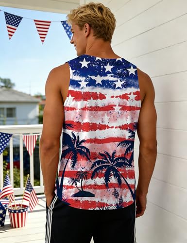 Image of Ithalt USA Tank Top Men 4th of July Patriotic Sleeveless American Flag Workout Shirt Summer Beach Independence Day