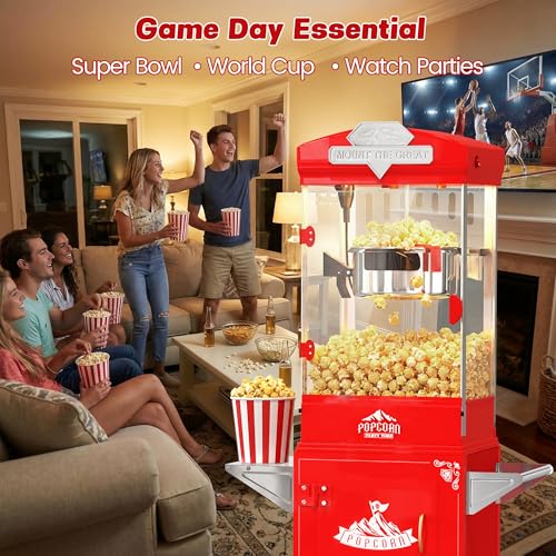 Image of Popcorn Machine, 10 Oz Vintage Popcorn Machine Cart with Wheels, Professional Movie Theater Style Popcorn Popper Makes Up to 40 Cups, Popcorn Maker Machine for Home & Commercial (Red)