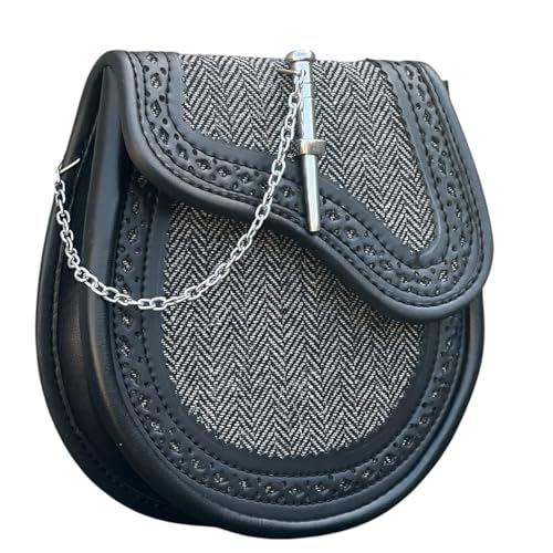 Grey Tweed Pin Lock Scottish Kilt Sporran Highland Vintage Modern Leather Sporran