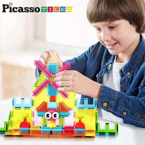 Image of PicassoTiles Magnetic Tiles & Hedgehog 2-in1 Interlocking Brush Connector Magnet Building Blocks Construction Set Learning Playset STEM Toys Development Preschool Education Toy Toddler Age 3 Up PTE21