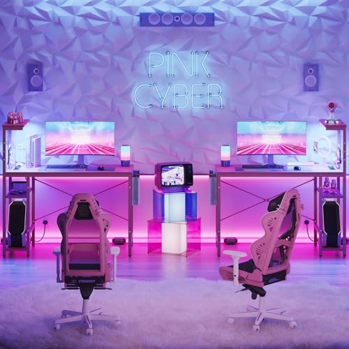 Image of Bestier Pink Gaming Desk with Power Outlets, 44 Inch Led Gamer Desk with 4 Tiers Reversible Shelves, Computer Desk with Headset Hook & Side Storage Bag for Bedroom (Pink 3D Carbon Fiber)