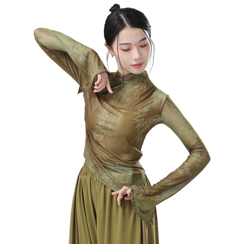 HEARTTOUCH Women Modern Dance Top Mesh Ballet Wrap Top Chinese Style Shirts Yoga Gym Crop Tops Teen Girls Pullover (Green,Small)