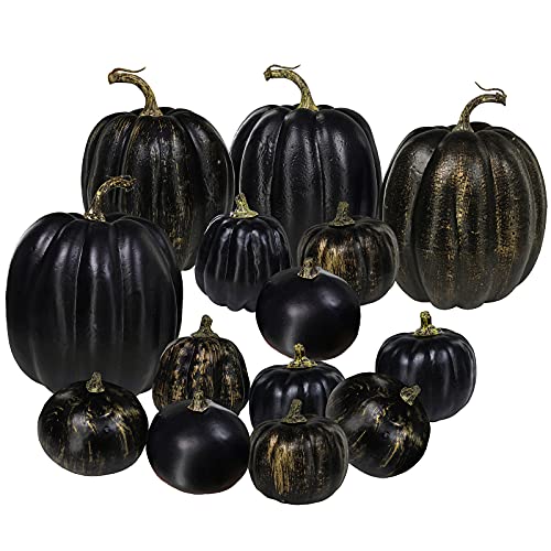 Winlyn 14 Pcs Assorted Artificial Solid Black and Gold Brush Black Pumpkins Rustic Decorative Pumpkins Foam Pumpkins for Fall Halloween Thanksgiving Harvest Tabletop Centerpiece Mantel Kitchen Decor