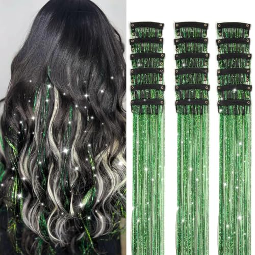 ShowJarlly Green Hair Tinsel 18 Pcs Clip in Hair Tinsel Kit for Girls 20 Inch Glitter Hair Extensions Heat Resistant Colored Hair Extensions for Kids Clip Ins Festival Accessories for Women