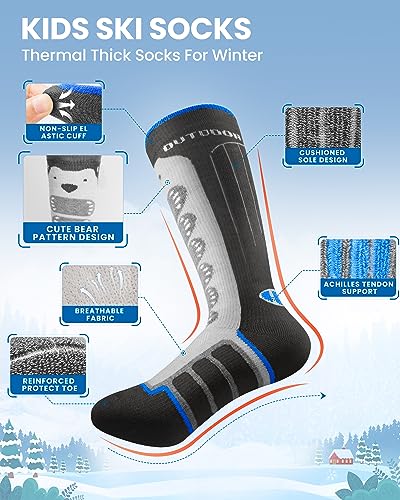 OutdoorMaster Meias de esqui infantis, pacote com 2 meias térmicas de compressão de inverno de lã me