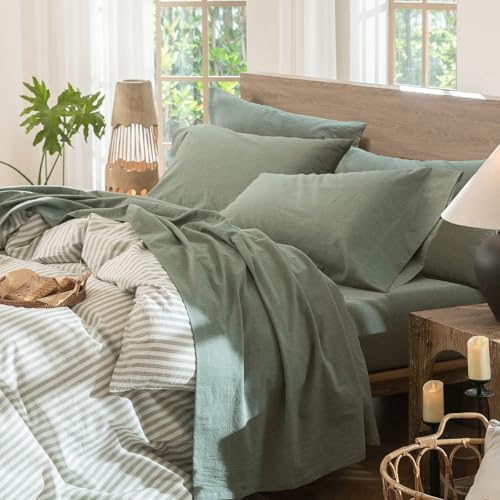 Image of MooMee Sheet Set 100% Washed Cotton Linen-Like Extra Deep Pocket King | Relaxed Linen-like Texture. Soft, Breathable & Lightweight Comfort. 15-19 inch Extra Deep Pocket with All-around Elastic