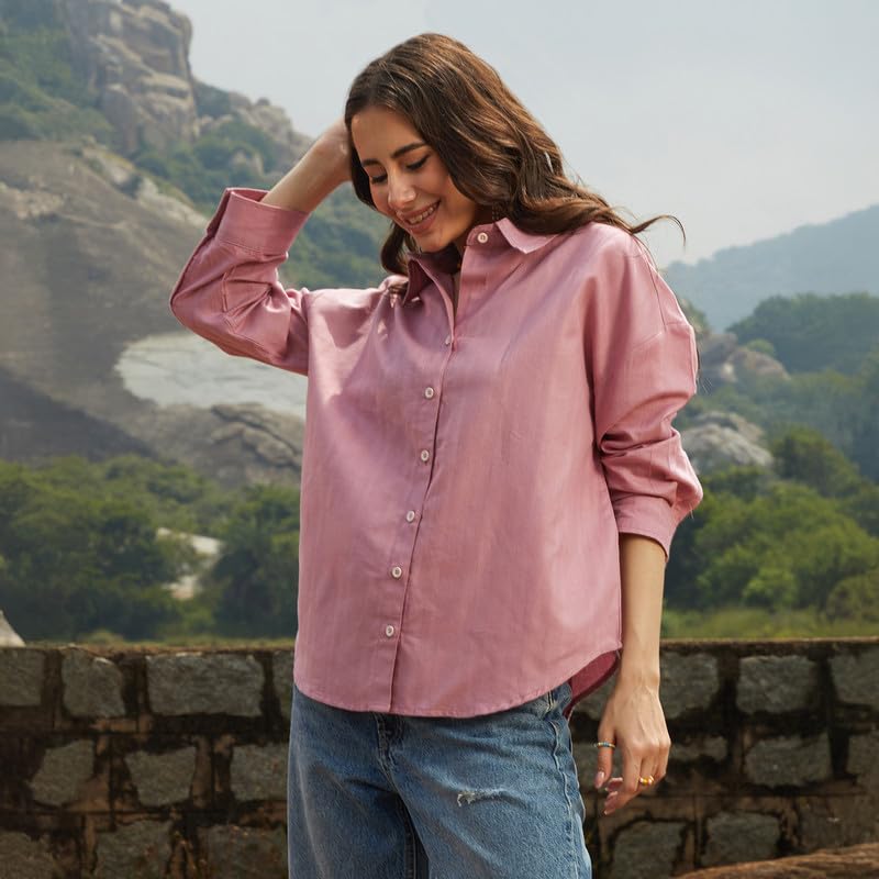 Image of PINACOLADA Women's Solid Oversized Shirt for Casual Wear | Spread Collar | Long Sleeve | Button Closure | Oversized Shirt Crafted with Comfort Fit for Everyday Wear