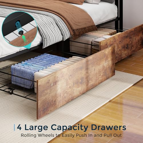 Image of King Size Bed Frame with 4 Storage Drawers, King Bed Frame,, Vintage Brown | LED Light, Charging Station, Wood Headboard, Metal Platform, No Box Spring Needed, Noise Free, Easy Assembly