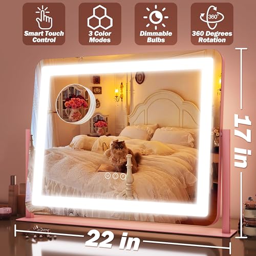 Image of FENNIO Vanity Mirror with Lights 22''x17'' Makeup Mirror,Vanity Mirror Touch Screen with 3-Color Lighting,Dimmable,for Vanity Desk Tabletop(Pink)